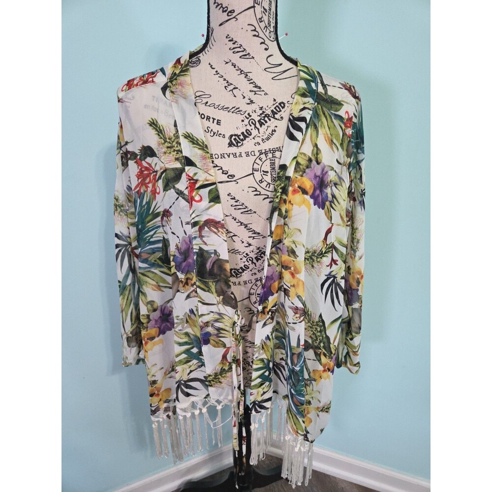 Carmen Carmen Marc Valvo Women's medium m Kimono Fringe Floral cardigan blouse